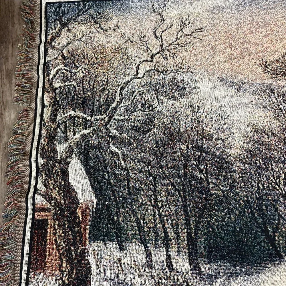 VTG Crown Crafts Horse Carriage Cottage Home Tapestry Woven Throw Blanket 46x54